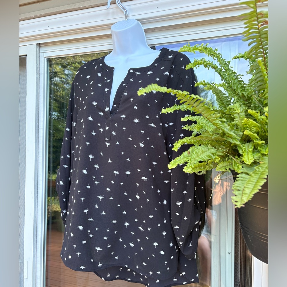 Daniel Rainn Black Blouse with White Dandelion Print